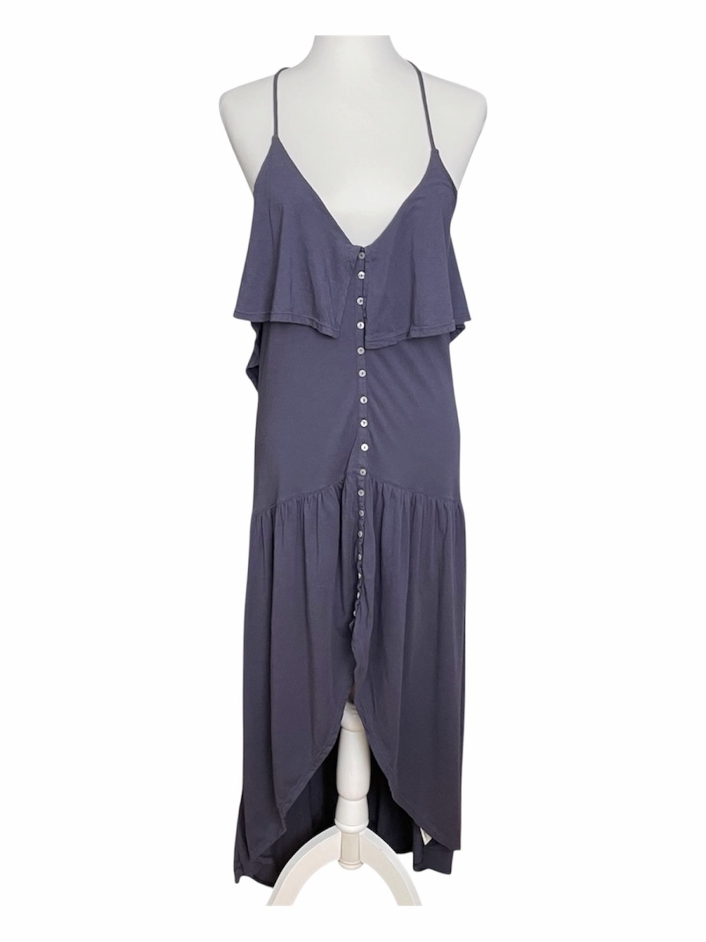 FP Beach Maxi Dress Size S Ruffle Button Front Cross Back High Low Blue Purple